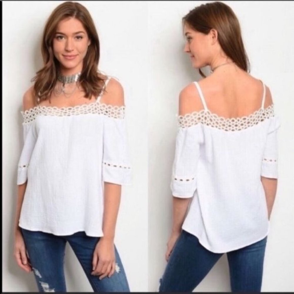 Off shoulder, off white, 100% cotton blouse. Size medium. Lace detailing.